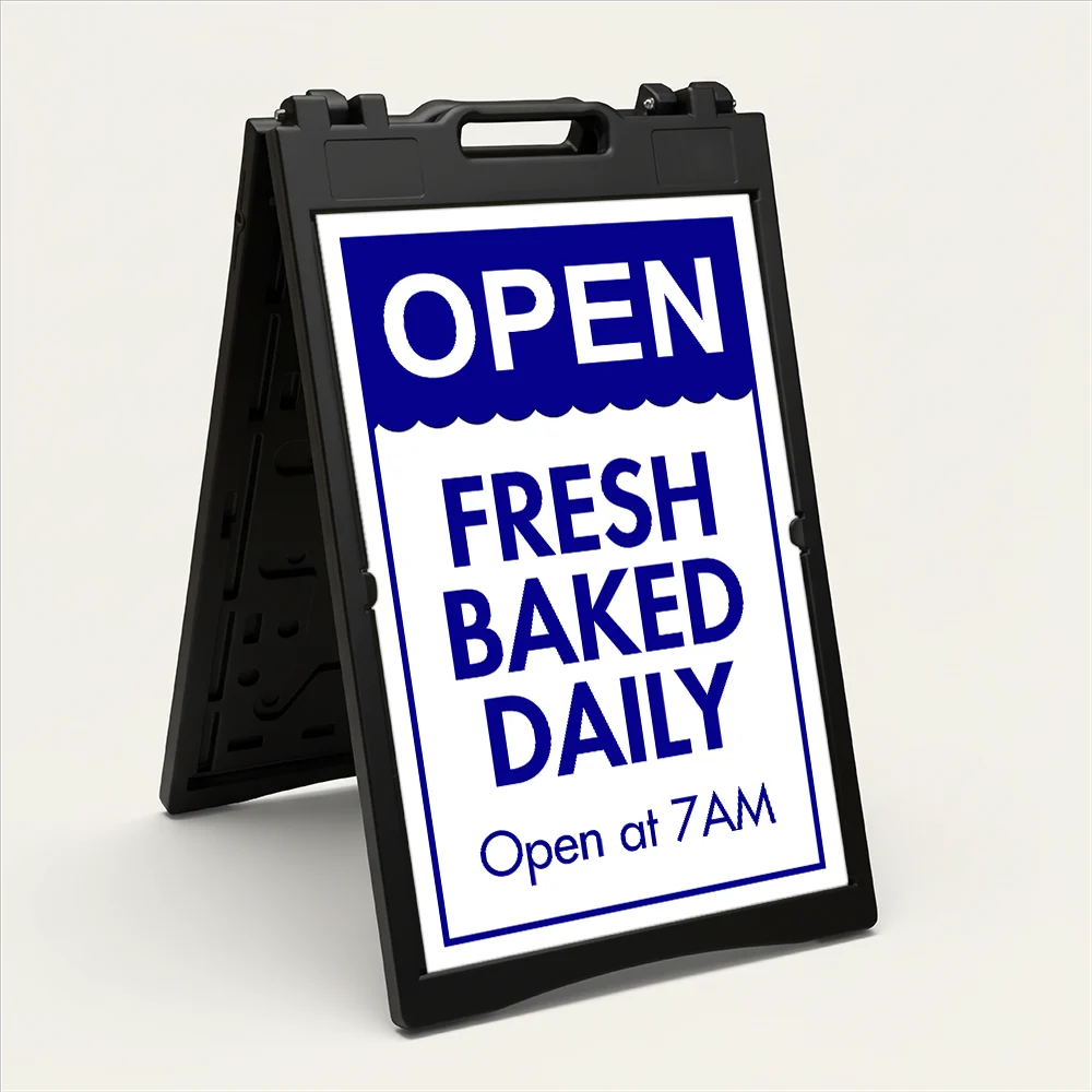 Custom open scallop edge A-frame sign with blue header and white lower section for Los Angeles bakery coffee shop or food retail business