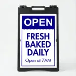 Custom open scallop edge A-frame sign with blue header and white lower section for Los Angeles bakery coffee shop or food retail business