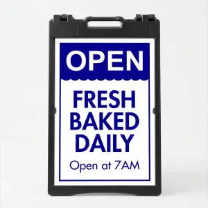 Custom open scallop edge A-frame sign with blue header and white lower section for Los Angeles bakery coffee shop or food retail business