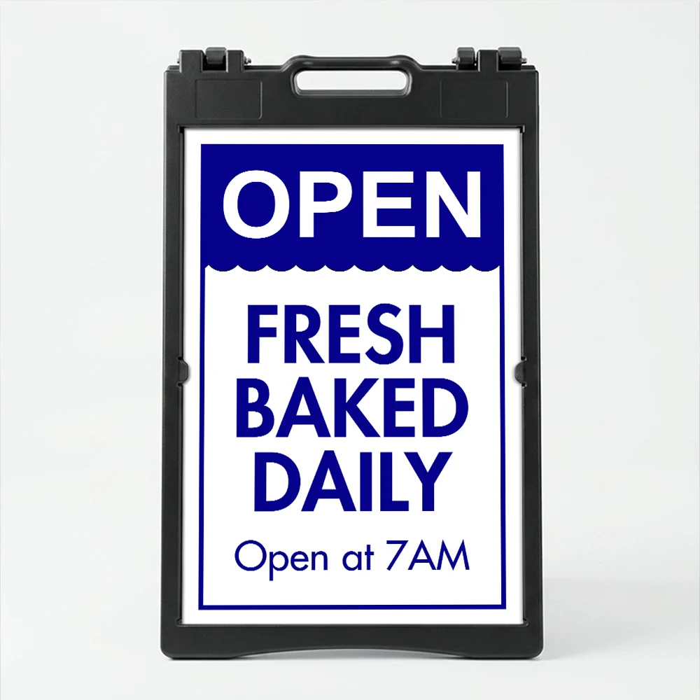 Custom open scallop edge A-frame sign with blue header and white lower section for Los Angeles bakery coffee shop or food retail business