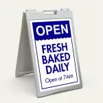 Custom open scallop edge A-frame sign with blue header and white lower section for Los Angeles bakery coffee shop or food retail business