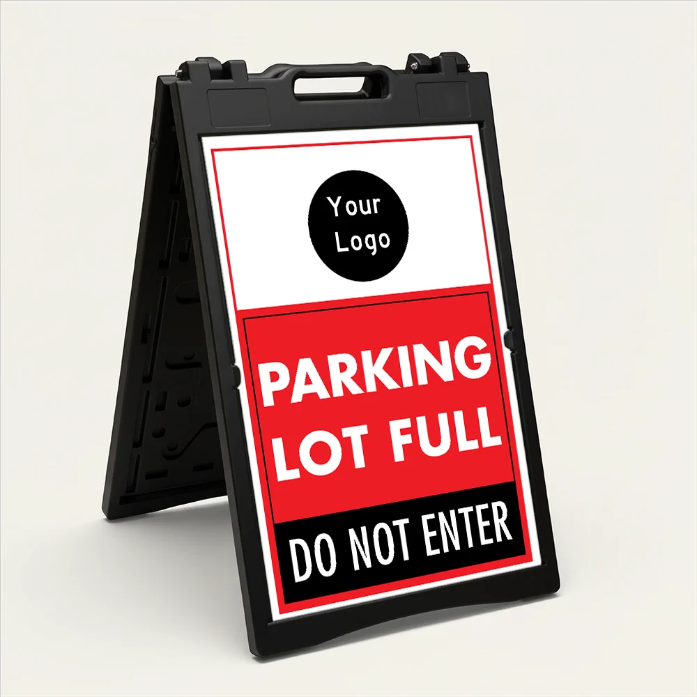 Custom parking lot full logo A-frame sign with red center section and black instruction panel for Los Angeles parking lot event venue or commercial property