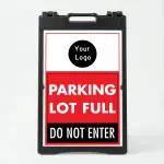 Custom parking lot full logo A-frame sign with red center section and black instruction panel for Los Angeles parking lot event venue or commercial property