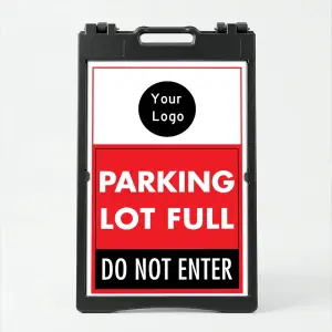 Custom parking lot full logo A-frame sign with red center section and black instruction panel for Los Angeles parking lot event venue or commercial property