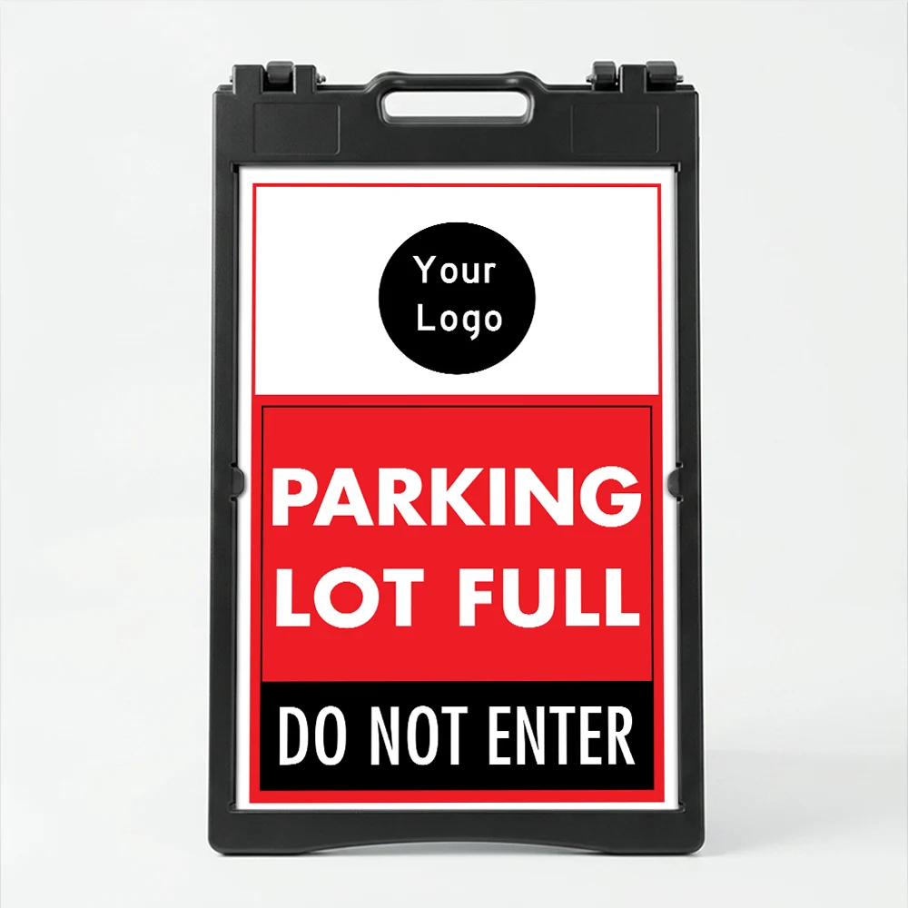 Custom parking lot full logo A-frame sign with red center section and black instruction panel for Los Angeles parking lot event venue or commercial property