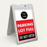 Custom parking lot full logo A-frame sign with red center section and black instruction panel for Los Angeles parking lot event venue or commercial property