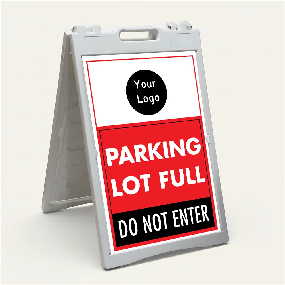 Custom parking lot full logo A-frame sign with red center section and black instruction panel for Los Angeles parking lot event venue or commercial property
