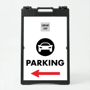 Custom car icon directional parking A-frame sign with red arrow and business logo branding zone on white panel for Los Angeles parking or valet operation
