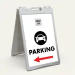 Custom car icon directional parking A-frame sign with red arrow and business logo branding zone on white panel for Los Angeles parking or valet operation
