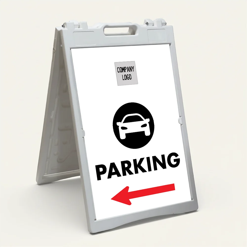 Custom car icon directional parking A-frame sign with red arrow and business logo branding zone on white panel for Los Angeles parking or valet operation