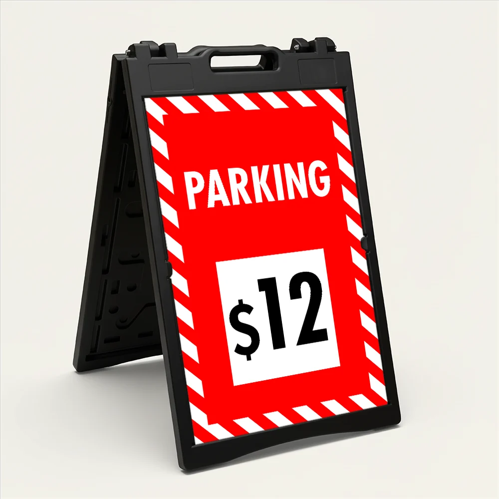 Custom red and white hazard stripe parking rate A-frame sign with large white rate display box showing dollar amount for Los Angeles parking lot or event venue