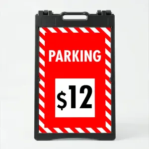Custom red and white hazard stripe parking rate A-frame sign with large white rate display box showing dollar amount for Los Angeles parking lot or event venue