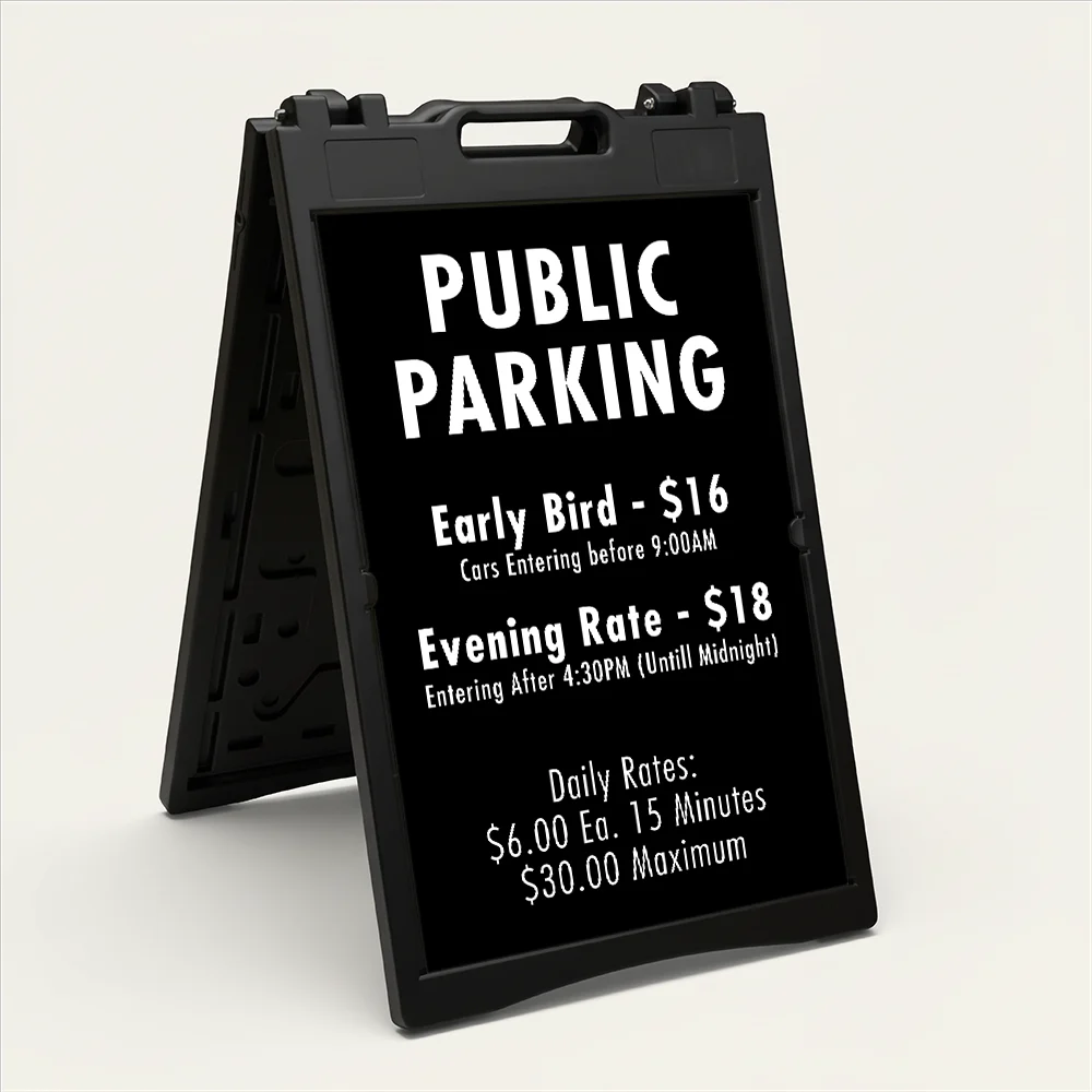 Custom multi-rate parking schedule A-frame sign with white text on black panel showing early bird rate, evening rate, and daily interval rate for Los Angeles parking lot