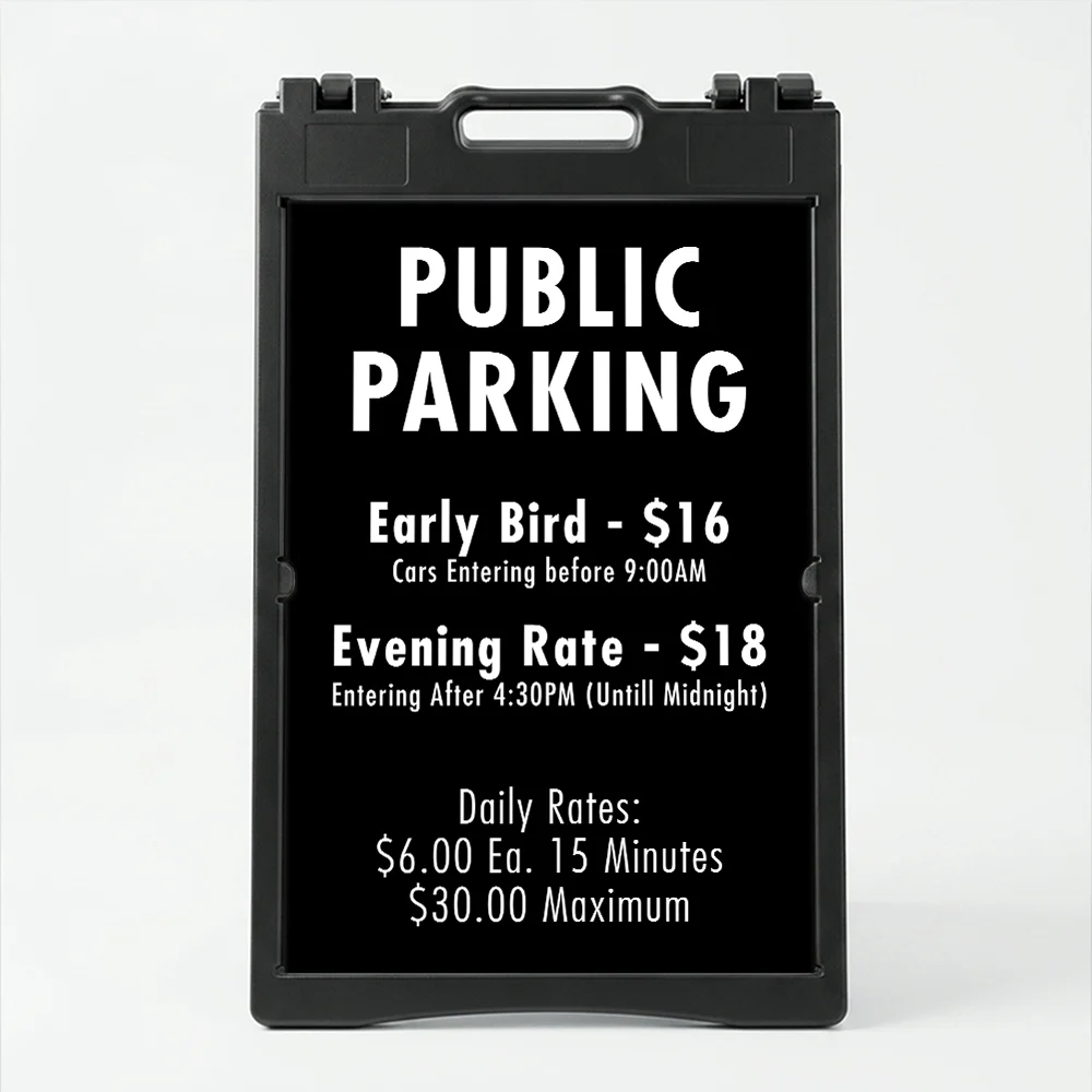 Custom multi-rate parking schedule A-frame sign with white text on black panel showing early bird rate, evening rate, and daily interval rate for Los Angeles parking lot