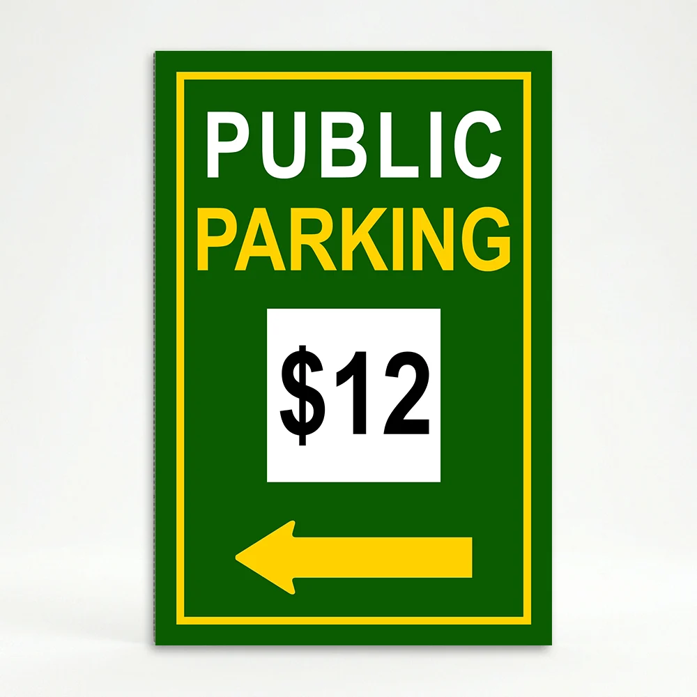 Custom green and yellow parking rate directional A-frame sign with white rate display box and yellow arrow for Los Angeles parking lot or event venue