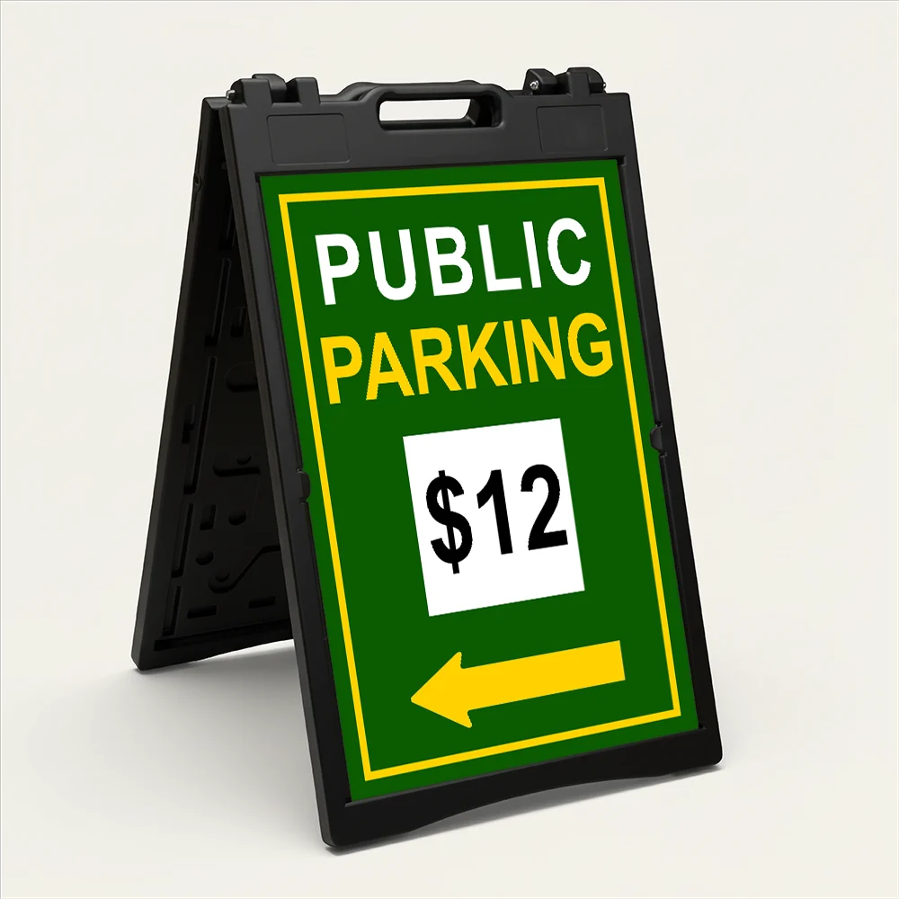 Custom green and yellow parking rate directional A-frame sign with white rate display box and yellow arrow for Los Angeles parking lot or event venue