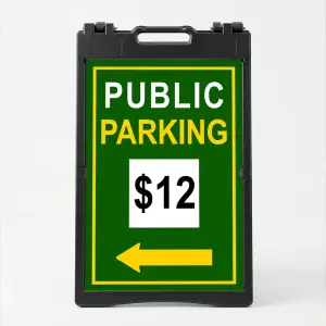 Custom green and yellow parking rate directional A-frame sign with white rate display box and yellow arrow for Los Angeles parking lot or event venue