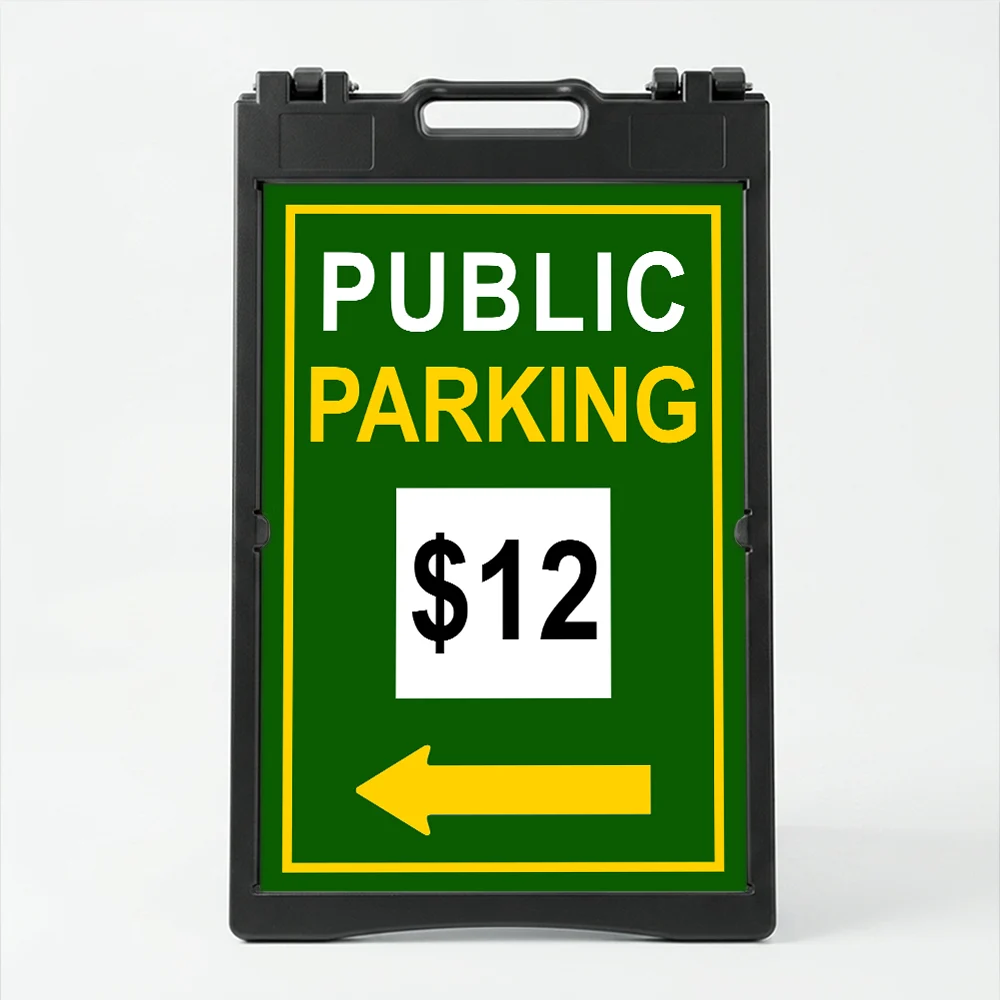 Custom green and yellow parking rate directional A-frame sign with white rate display box and yellow arrow for Los Angeles parking lot or event venue