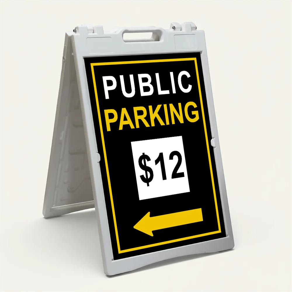Custom black and yellow parking rate directional A-frame sign with white rate display box and yellow arrow for Los Angeles parking lot or event venue