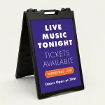 Custom full panel branded purple A-frame sign with orange ribbon banner bold message zone and optional logo for Los Angeles venue restaurant or retail storefront