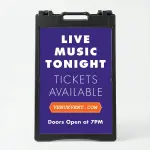 Custom full panel branded purple A-frame sign with orange ribbon banner bold message zone and optional logo for Los Angeles venue restaurant or retail storefront