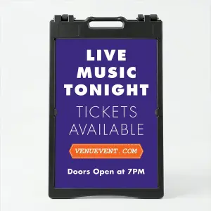 Custom full panel branded purple A-frame sign with orange ribbon banner bold message zone and optional logo for Los Angeles venue restaurant or retail storefront