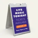 Custom full panel branded purple A-frame sign with orange ribbon banner bold message zone and optional logo for Los Angeles venue restaurant or retail storefront