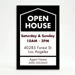 Custom black and white open house date and address A-frame sign with house icon open house text date hours property address and agent contact zone for Los Angeles real estate listing