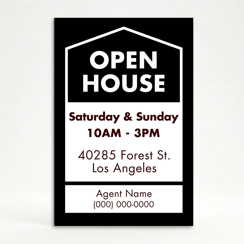 Custom black and white open house date and address A-frame sign with house icon open house text date hours property address and agent contact zone for Los Angeles real estate listing