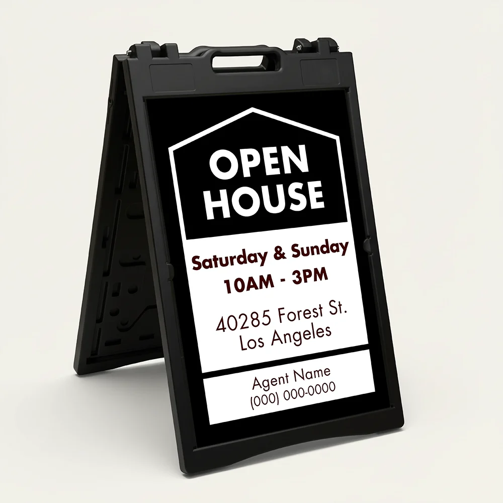 Custom black and white open house date and address A-frame sign with house icon open house text date hours property address and agent contact zone for Los Angeles real estate listing