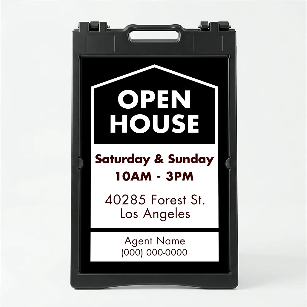 Custom black and white open house date and address A-frame sign with house icon open house text date hours property address and agent contact zone for Los Angeles real estate listing