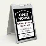 Custom black and white open house date and address A-frame sign with house icon open house text date hours property address and agent contact zone for Los Angeles real estate listing