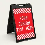 Custom text red and white hazard stripe A-frame sign with full panel white lettering for Los Angeles business parking or event use