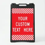 Custom text red and white hazard stripe A-frame sign with full panel white lettering for Los Angeles business parking or event use