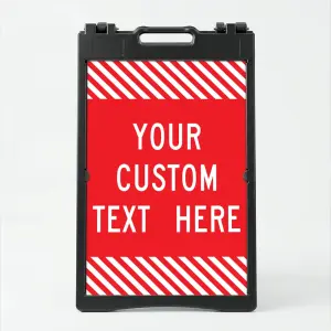 Custom text red and white hazard stripe A-frame sign with full panel white lettering for Los Angeles business parking or event use