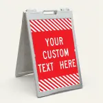 Custom text red and white hazard stripe A-frame sign with full panel white lettering for Los Angeles business parking or event use