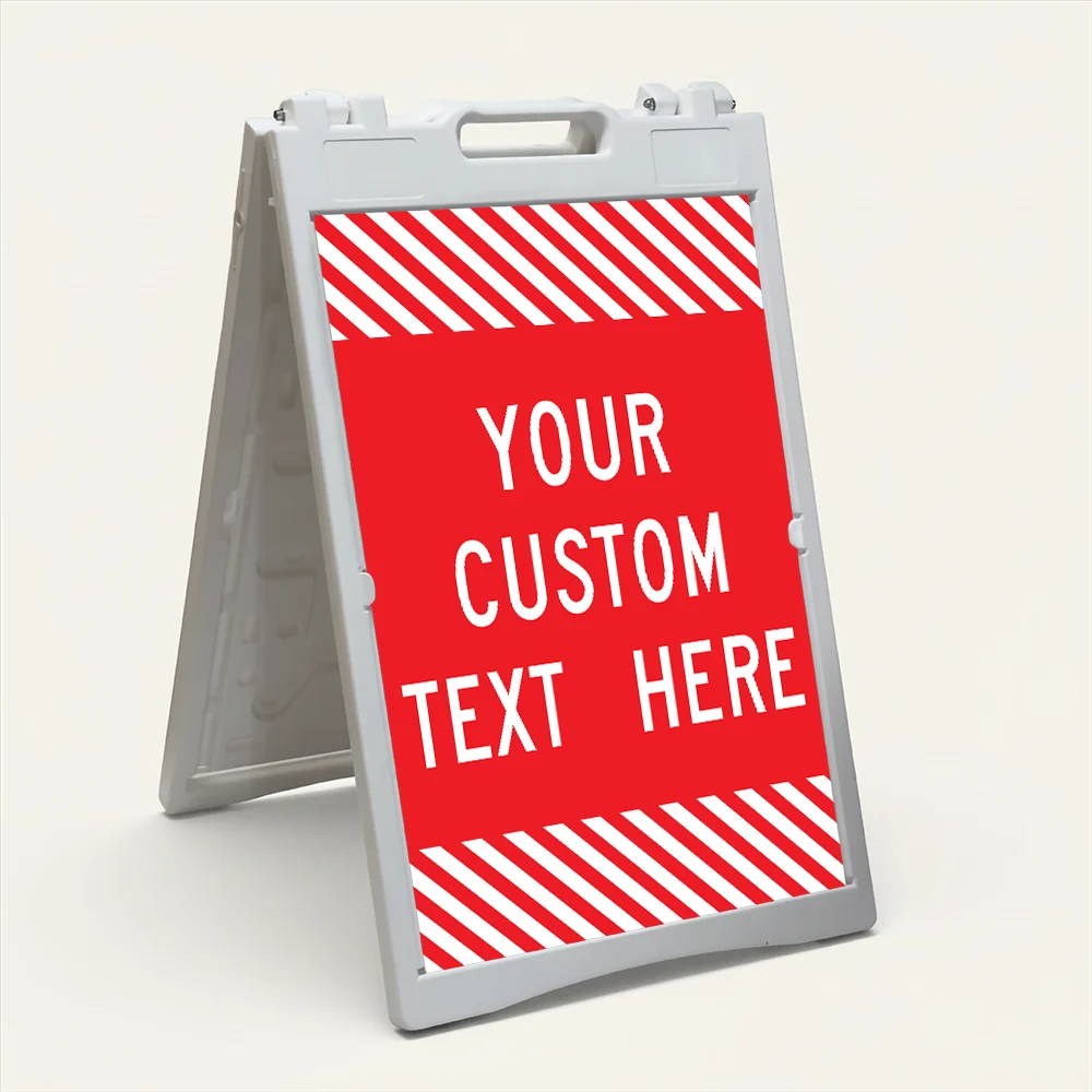 Custom text red and white hazard stripe A-frame sign with full panel white lettering for Los Angeles business parking or event use
