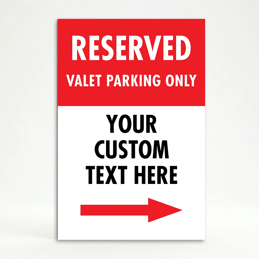 Custom reserved valet directional split panel A-frame sign with red upper section white custom text zone and single red arrow for Los Angeles valet operation or event venue