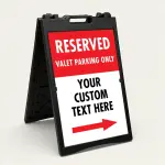 Custom reserved valet directional split panel A-frame sign with red upper section white custom text zone and single red arrow for Los Angeles valet operation or event venue