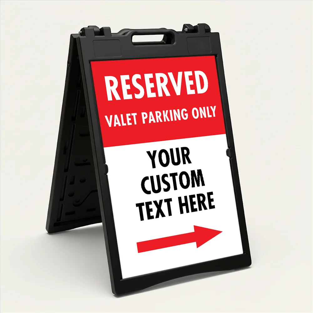 Custom reserved valet directional split panel A-frame sign with red upper section white custom text zone and single red arrow for Los Angeles valet operation or event venue