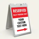 Custom reserved valet directional split panel A-frame sign with red upper section white custom text zone and single red arrow for Los Angeles valet operation or event venue
