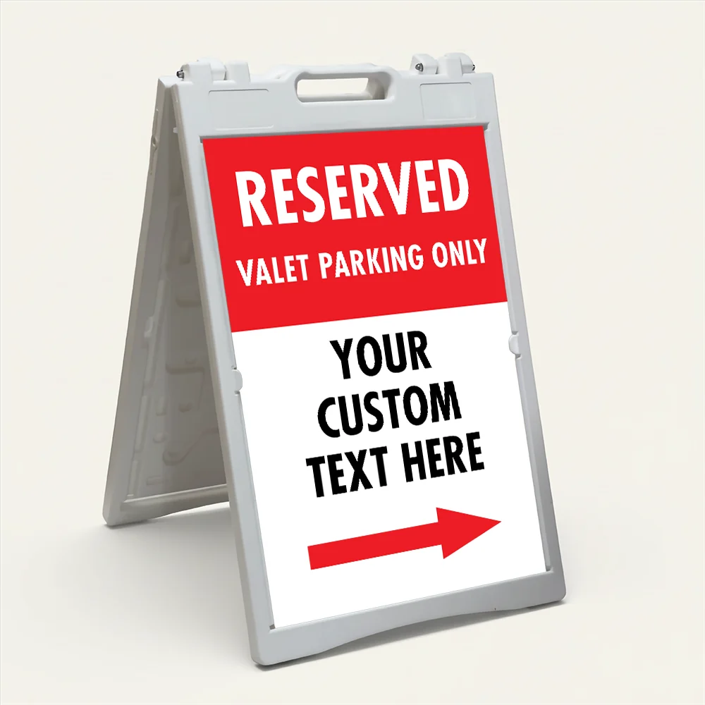 Custom reserved valet directional split panel A-frame sign with red upper section white custom text zone and single red arrow for Los Angeles valet operation or event venue