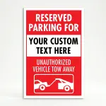 Custom red and white reserved parking tow away A-frame sign with customizable center reservation box and unauthorized vehicle tow away notice with tow truck icon for Los Angeles parking lot or business