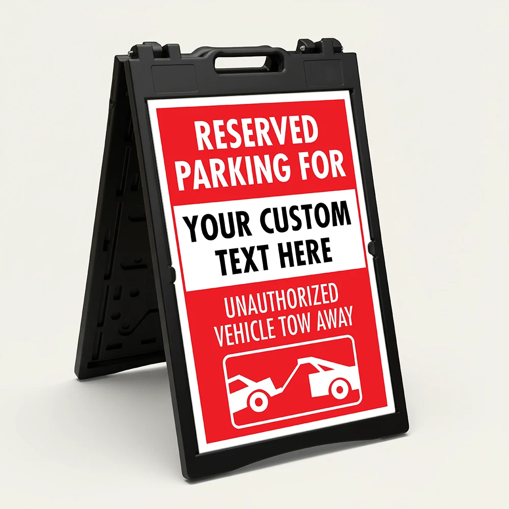 Custom red and white reserved parking tow away A-frame sign with customizable center reservation box and unauthorized vehicle tow away notice with tow truck icon for Los Angeles parking lot or business