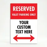 Custom reserved valet parking split panel A-frame sign with red upper section and white custom text zone with double ended red arrow for Los Angeles valet operation or event venue