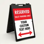 Custom reserved valet parking split panel A-frame sign with red upper section and white custom text zone with double ended red arrow for Los Angeles valet operation or event venue