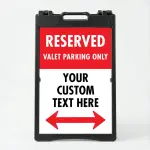 Custom reserved valet parking split panel A-frame sign with red upper section and white custom text zone with double ended red arrow for Los Angeles valet operation or event venue