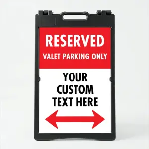 Custom reserved valet parking split panel A-frame sign with red upper section and white custom text zone with double ended red arrow for Los Angeles valet operation or event venue
