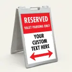 Custom reserved valet parking split panel A-frame sign with red upper section and white custom text zone with double ended red arrow for Los Angeles valet operation or event venue