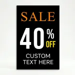 Custom black and orange discount percentage sale A-frame sign with large white percentage number and custom text line for Los Angeles retail store or business promotion